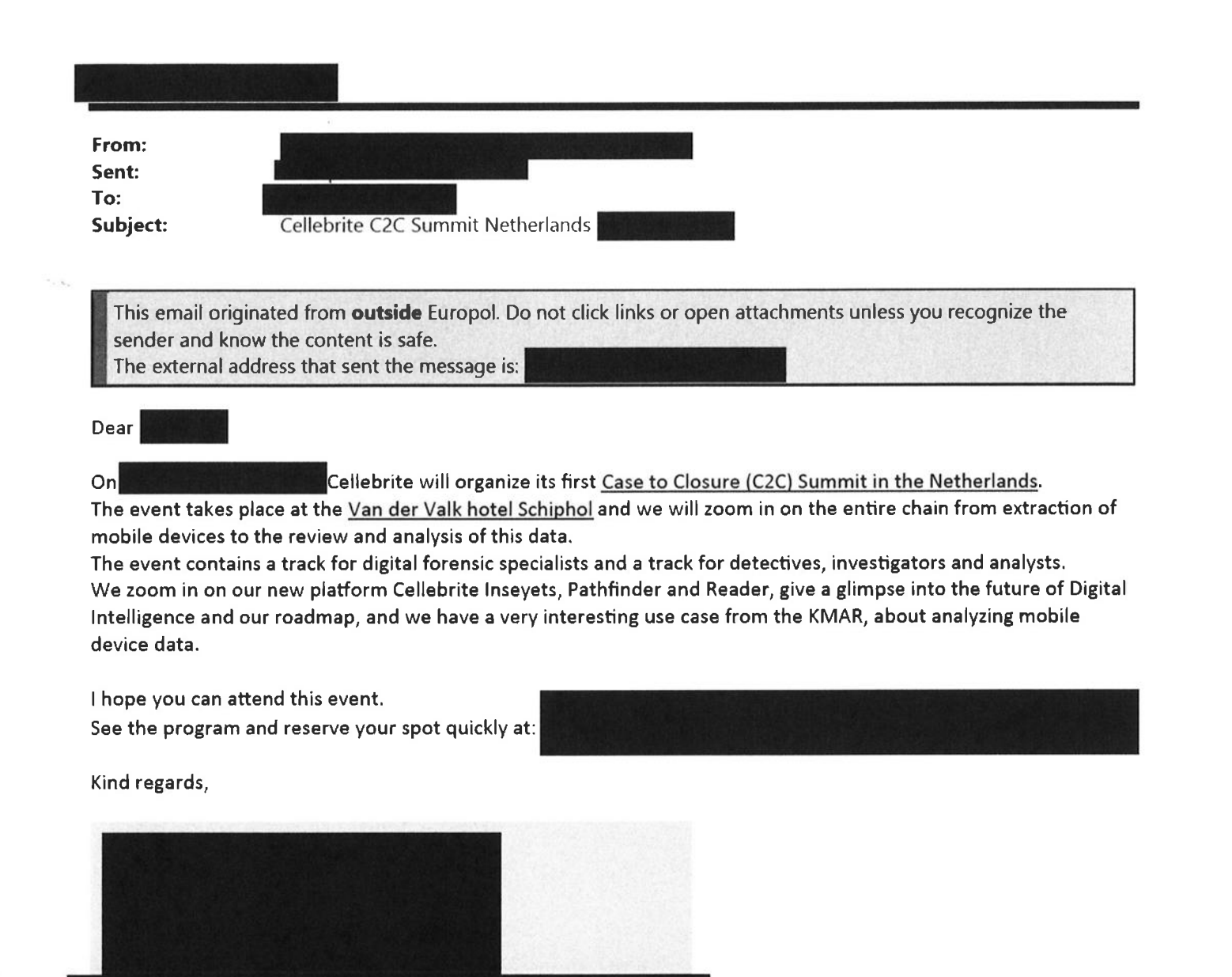 Excerpt of a document obtained by Statewatch shoring an email from Cellebrite to Europol on their upcoming summit, at which they will discuss mobile phone data extraction